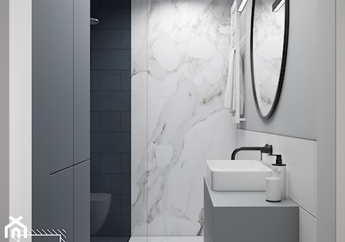 MIESZKANIE 41,5m2 - Mała bez okna z lustrem z marmurową podłogą z punktowym oświetleniem łazienka, styl minimalistyczny - zdjęcie od UKOSY studio
