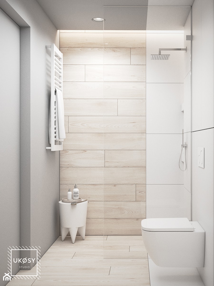 MIESZKANIE 51m2 - Mała bez okna z punktowym oświetleniem łazienka, styl minimalistyczny - zdjęcie od UKOSY studio