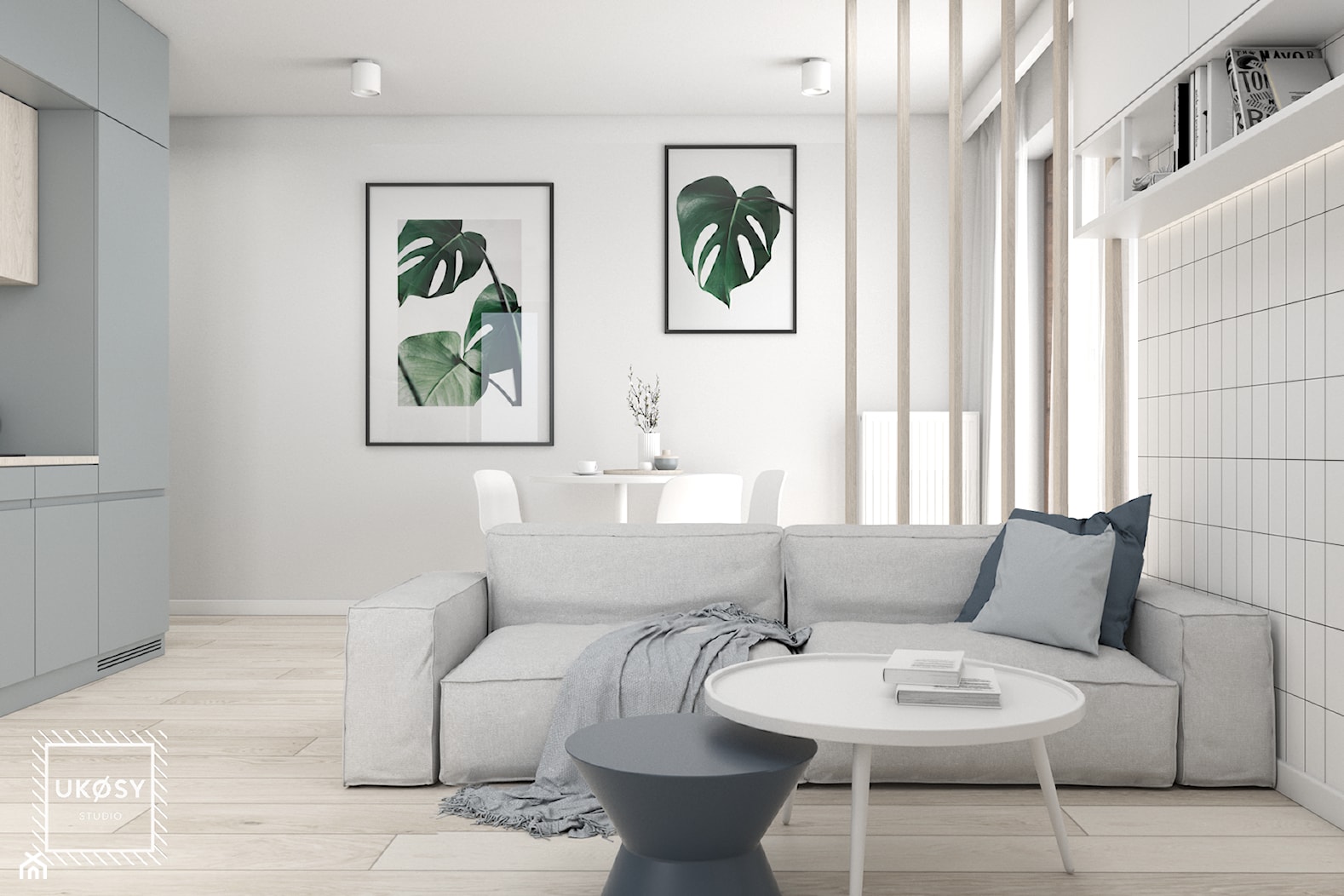 MIESZKANIE 40m2 - Średni szary salon z kuchnią z jadalnią, styl minimalistyczny - zdjęcie od UKOSY studio - Homebook