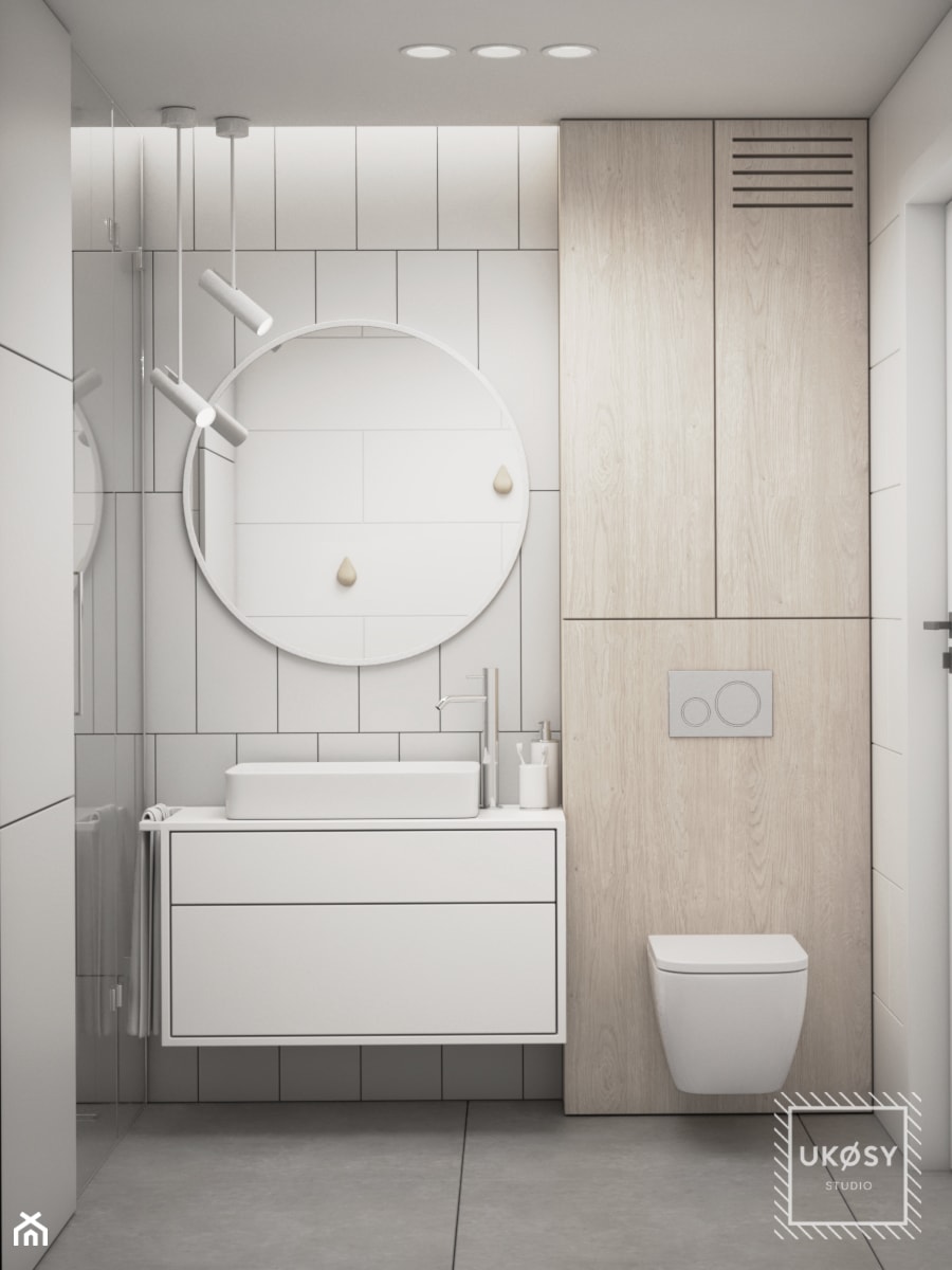 MIESZKANIE 40m2 - Mała bez okna z punktowym oświetleniem łazienka, styl minimalistyczny - zdjęcie od UKOSY studio