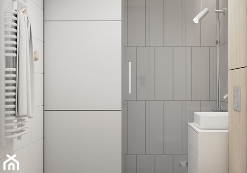 MIESZKANIE 40m2 - Mała bez okna z lustrem z punktowym oświetleniem łazienka, styl skandynawski - zdjęcie od UKOSY studio