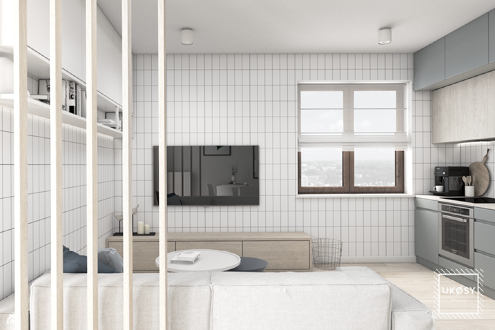 MIESZKANIE 40m2 - Mały szary salon z kuchnią, styl minimalistyczny - zdjęcie od UKOSY studio - Homebook