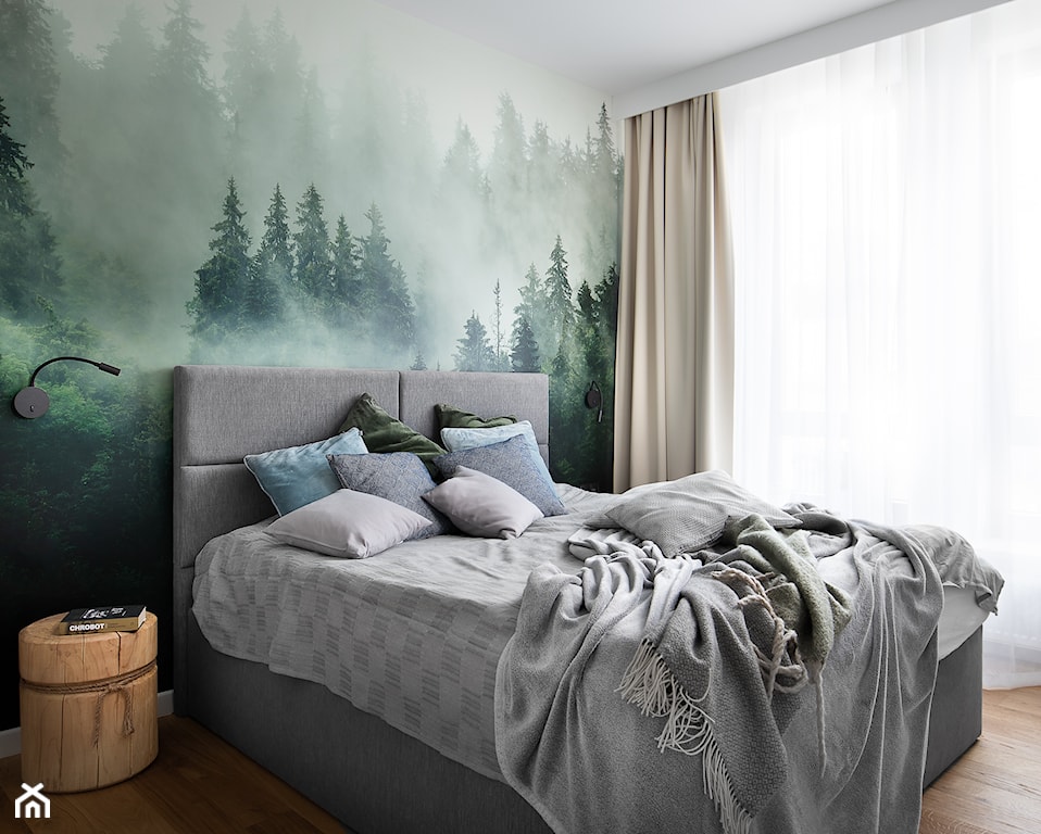 zielona sypialnia, tapeta w sypialni, modne kolory ścian