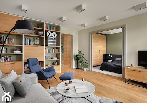 Mieszkanie projektu IP-Design - Średni beżowy salon z bibiloteczką, styl nowoczesny - zdjęcie od Mikołaj Dąbrowski