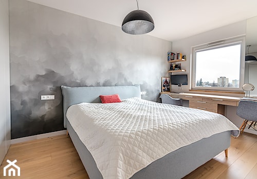 Sesja zdjęciowa mieszkania w nowym bloku - Średnia biała szara z biurkiem sypialnia, styl skandynawski - zdjęcie od Studio Buffavento | Paulina Zatorska