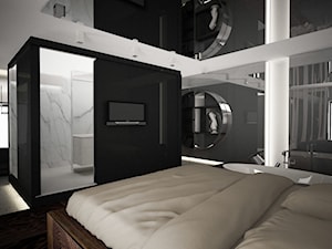 apartament - Duża biała czarna sypialnia z łazienką, styl nowoczesny - zdjęcie od TheSwallows