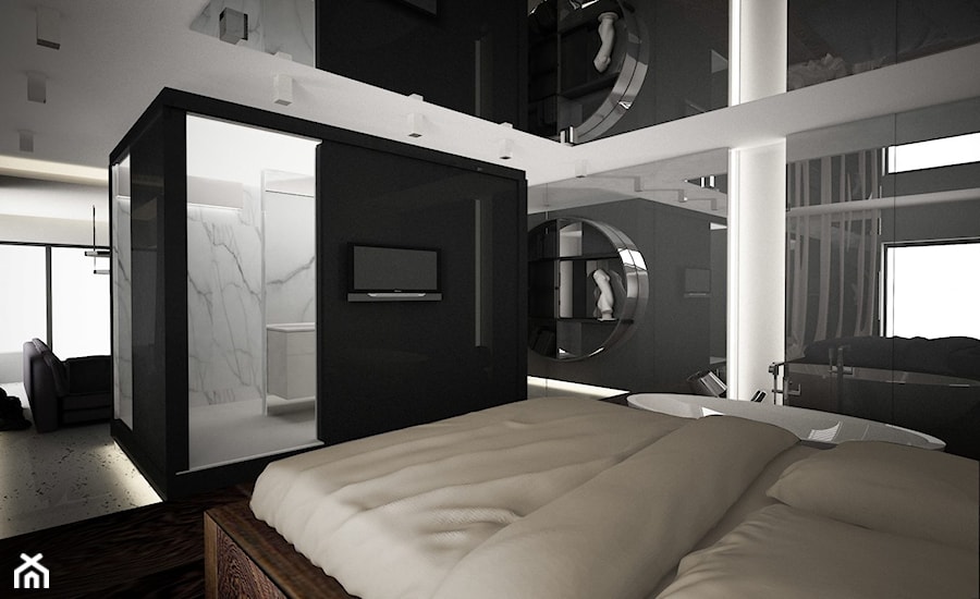 apartament - Duża biała czarna sypialnia z łazienką, styl nowoczesny - zdjęcie od TheSwallows