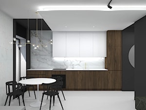 mieszkanie 65 m2 - Duża otwarta z salonem z kamiennym blatem czarna szara z zabudowaną lodówką z podblatowym zlewozmywakiem kuchnia jednorzędowa z oknem z marmurem nad blatem kuchennym, styl minimalistyczny - zdjęcie od TheSwallows