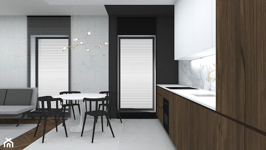 mieszkanie 65 m2 - Średnia otwarta z salonem z kamiennym blatem czarna szara z zabudowaną lodówką z podblatowym zlewozmywakiem kuchnia jednorzędowa z oknem z marmurem nad blatem kuchennym, styl minimalistyczny - zdjęcie od TheSwallows