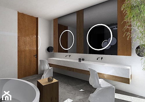 dom jednorodzinny 990 - Średnia bez okna z lustrem z dwoma umywalkami z marmurową podłogą łazienka, styl nowoczesny - zdjęcie od TheSwallows