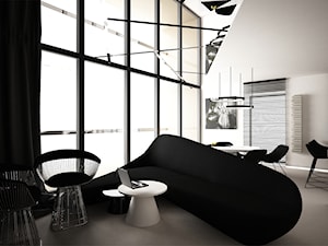 apartament 110 - Duży szary salon z kuchnią z jadalnią z antresolą - zdjęcie od TheSwallows