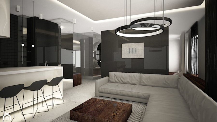 apartament - Średni biały szary salon z kuchnią z jadalnią, styl minimalistyczny - zdjęcie od TheSwallows