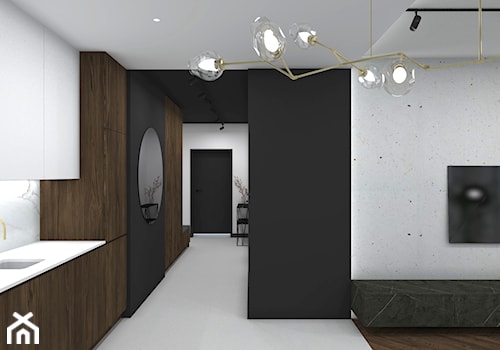 mieszkanie 65 m2 - Średnia otwarta z salonem z kamiennym blatem biała czarna z zabudowaną lodówką z podblatowym zlewozmywakiem kuchnia jednorzędowa z marmurem nad blatem kuchennym, styl minimalistyczny - zdjęcie od TheSwallows