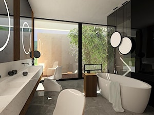 dom jednorodzinny 990 - Średnia z lustrem z dwoma umywalkami z marmurową podłogą łazienka z oknem, styl nowoczesny - zdjęcie od TheSwallows