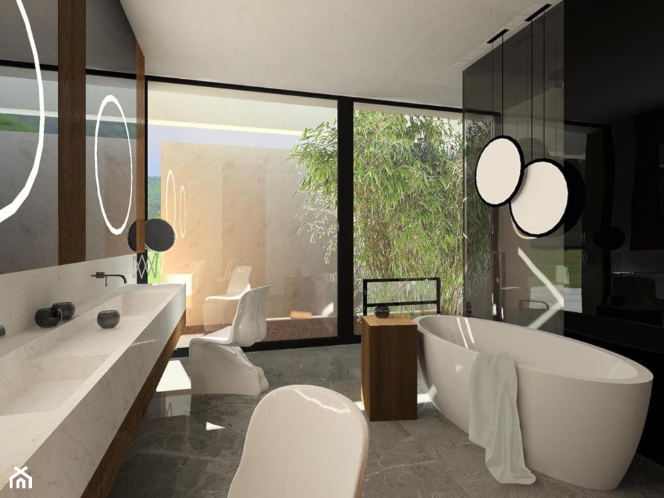 dom jednorodzinny 990 - Średnia z lustrem z dwoma umywalkami z marmurową podłogą łazienka z oknem, ... - zdjęcie od TheSwallows - Homebook