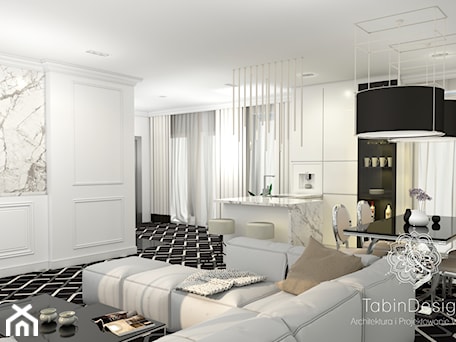 Aranżacje wnętrz - Salon: Apartament - Duży biały salon z kuchnią z jadalnią, styl nowoczesny - Tabin Design. Przeglądaj, dodawaj i zapisuj najlepsze zdjęcia, pomysły i inspiracje designerskie. W bazie mamy już prawie milion fotografii!