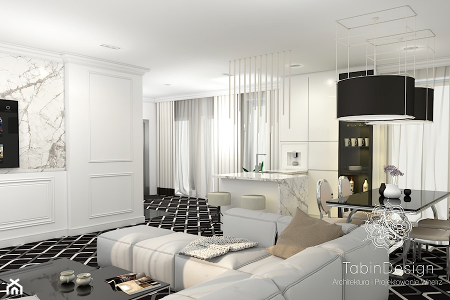 Apartament - Duży biały salon z kuchnią z jadalnią, styl nowoczesny - zdjęcie od Tabin Design