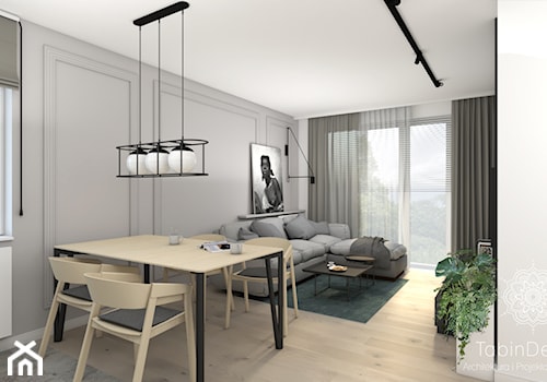 Nowoczesne mieszkanie - Średni biały szary salon z jadalnią z tarasem / balkonem, styl skandynawski - zdjęcie od Tabin Design