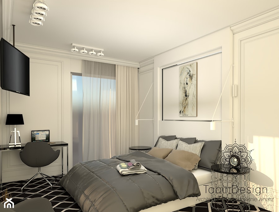 Apartament - Mała biała z biurkiem sypialnia, styl nowoczesny - zdjęcie od Tabin Design