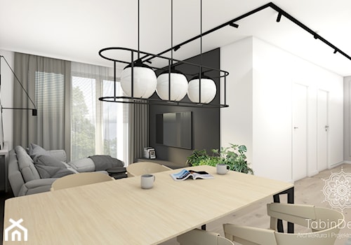 Nowoczesne mieszkanie - Mały biały czarny szary salon z jadalnią, styl skandynawski - zdjęcie od Tabin Design