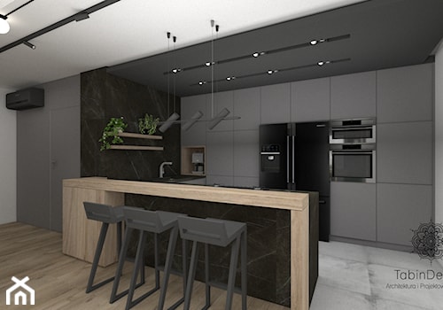 Mieszkanie - Średnia otwarta z salonem biała czarna z zabudowaną lodówką z lodówką wolnostojącą kuchnia w kształcie litery u z oknem z marmurem nad blatem kuchennym, styl nowoczesny - zdjęcie od Tabin Design