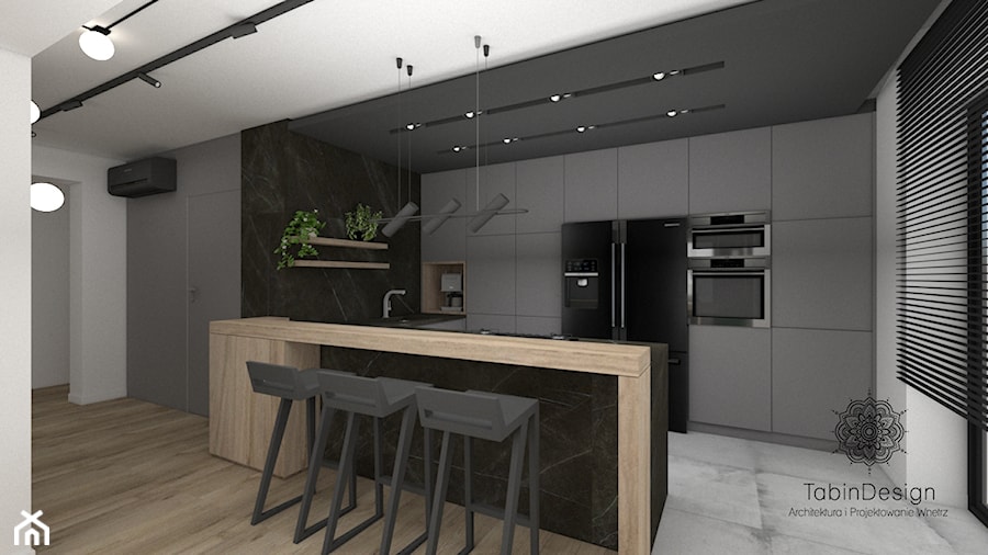 Mieszkanie - Średnia otwarta z salonem biała czarna z zabudowaną lodówką z lodówką wolnostojącą kuchnia w kształcie litery u z oknem z marmurem nad blatem kuchennym, styl nowoczesny - zdjęcie od Tabin Design