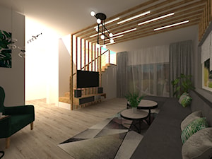Ściana TV - Średni biały szary salon z tarasem / balkonem, styl nowoczesny - zdjęcie od mk_studio