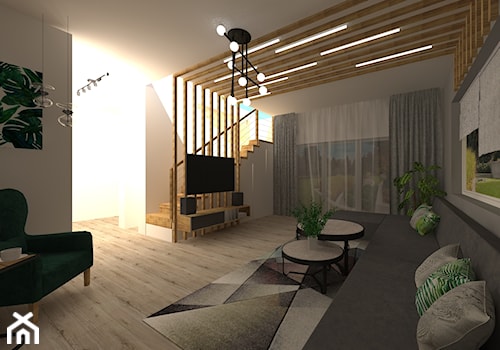 Ściana TV - Średni biały szary salon z tarasem / balkonem, styl nowoczesny - zdjęcie od mk_studio