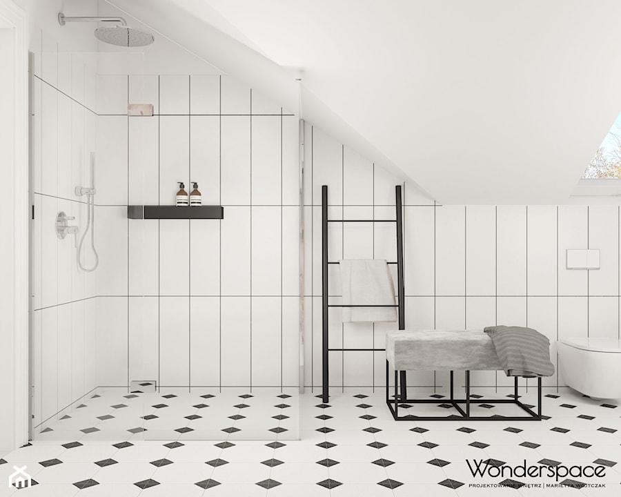 Elegancka łazienka z tapetą - Łazienka, styl nowoczesny - zdjęcie od Wonderspace - studio projektowania wnętrz