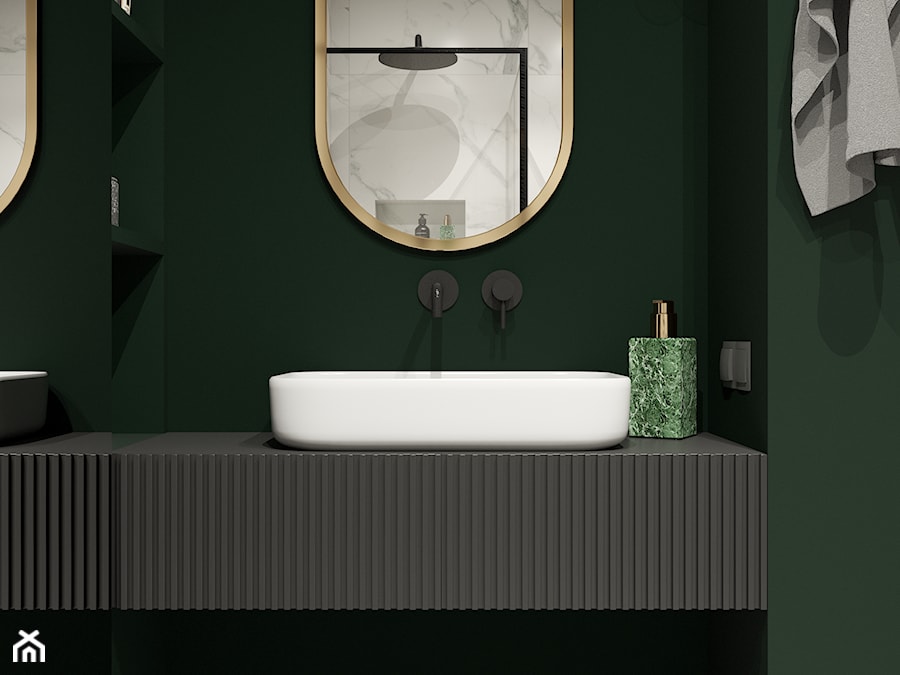 Eleganckie wnętrze z zielonym akcentem - Bez okna z lustrem łazienka, styl vintage - zdjęcie od Wonderspace - studio projektowania wnętrz
