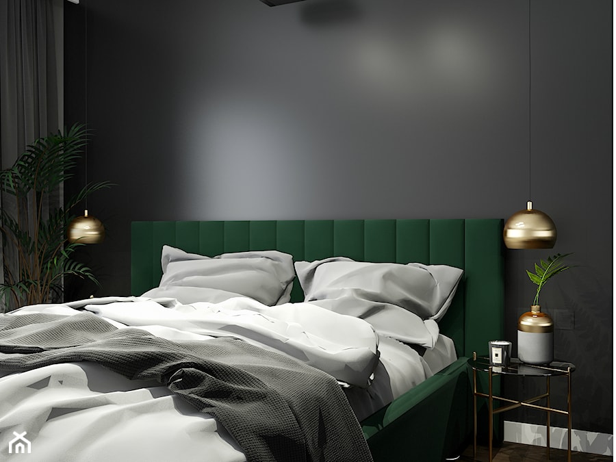 Eleganckie wnętrze z zielonym akcentem - Czarna sypialnia, styl glamour - zdjęcie od Wonderspace - studio projektowania wnętrz