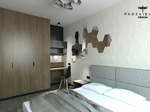 MIESZKANIE NA MIĘDZYBORSKIEJ W WARSZAWIE - Średnia czarna szara z biurkiem sypialnia - zdjęcie od Paszkiewicz Design