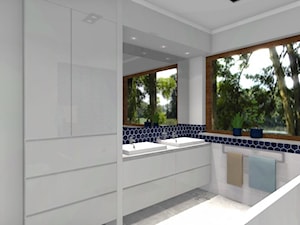 Heksagonalna łazienka - Duża z lustrem z dwoma umywalkami z punktowym oświetleniem łazienka z oknem - zdjęcie od Dominika Chybowska