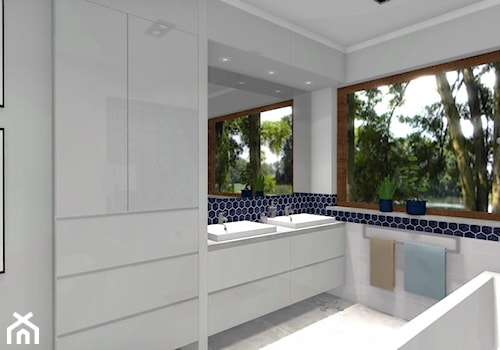 Heksagonalna łazienka - Duża z lustrem z dwoma umywalkami z punktowym oświetleniem łazienka z oknem - zdjęcie od Dominika Chybowska
