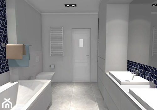 Heksagonalna łazienka - Duża z lustrem z dwoma umywalkami z punktowym oświetleniem łazienka - zdjęcie od Dominika Chybowska