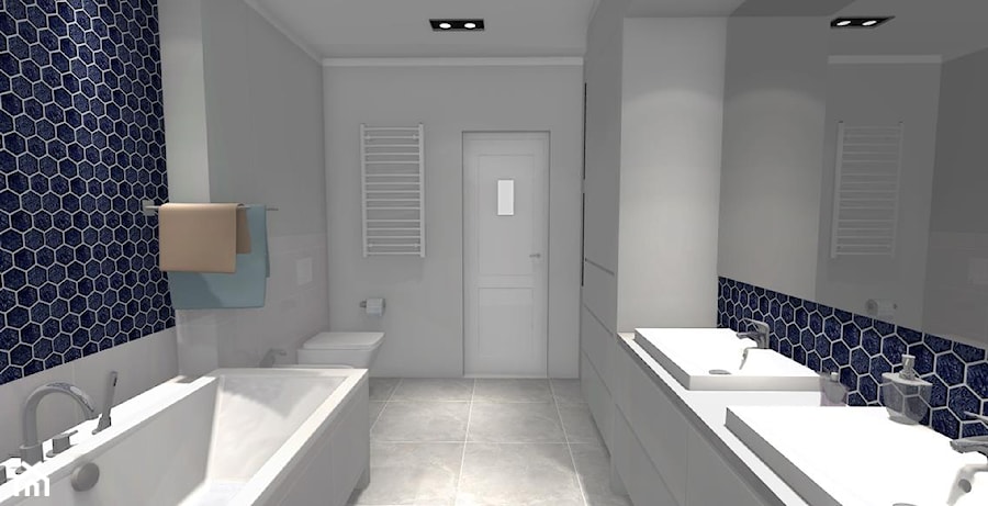 Heksagonalna łazienka - Duża z lustrem z dwoma umywalkami z punktowym oświetleniem łazienka - zdjęcie od Dominika Chybowska