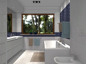 Heksagonalna łazienka - Średnia z lustrem z dwoma umywalkami z punktowym oświetleniem łazienka z oknem - zdjęcie od Dominika Chybowska