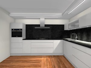 Monochromatyczny minimalizm... - Duża zamknięta biała czarna z zabudowaną lodówką z podblatowym zlewozmywakiem kuchnia w kształcie litery l z oknem z kompozytem na ścianie nad blatem kuchennym - zdjęcie od Dominika Chybowska
