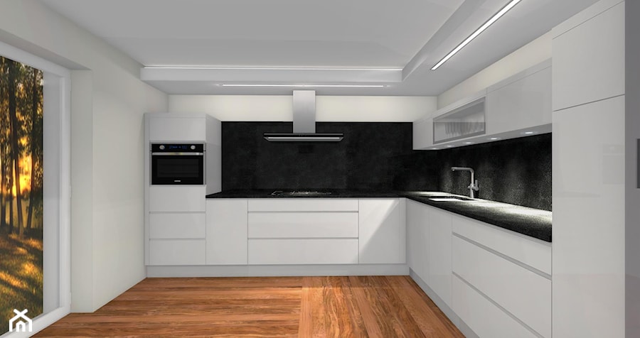 Monochromatyczny minimalizm... - Duża zamknięta biała czarna z zabudowaną lodówką z podblatowym zlewozmywakiem kuchnia w kształcie litery l z oknem z kompozytem na ścianie nad blatem kuchennym - zdjęcie od Dominika Chybowska