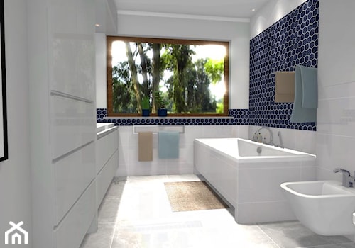 Heksagonalna łazienka - Średnia z dwoma umywalkami z punktowym oświetleniem łazienka z oknem - zdjęcie od Dominika Chybowska