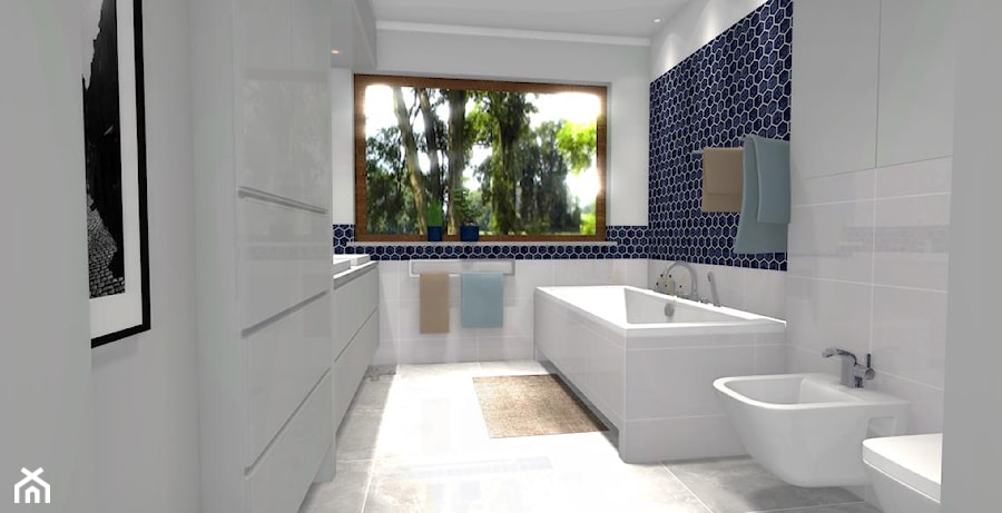 Heksagonalna łazienka - Średnia z dwoma umywalkami z punktowym oświetleniem łazienka z oknem - zdjęcie od Dominika Chybowska