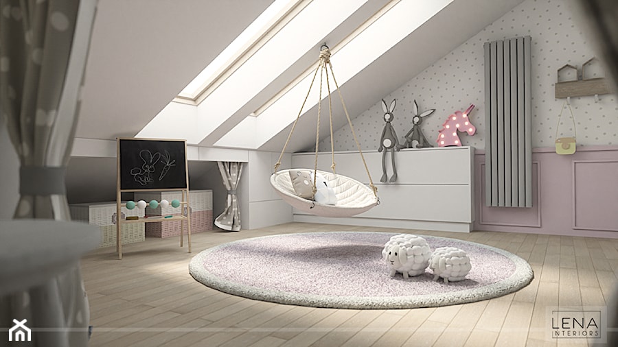 PODDASZE DLA MALUCHÓW - Duży biały różowy pokój dziecka dla dziecka dla dziewczynki - zdjęcie od LENA INTERIORS