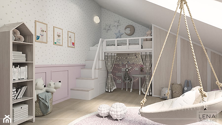 PODDASZE DLA MALUCHÓW - Duży różowy szary pokój dziecka dla dziecka dla dziewczynki, styl nowoczesny - zdjęcie od LENA INTERIORS