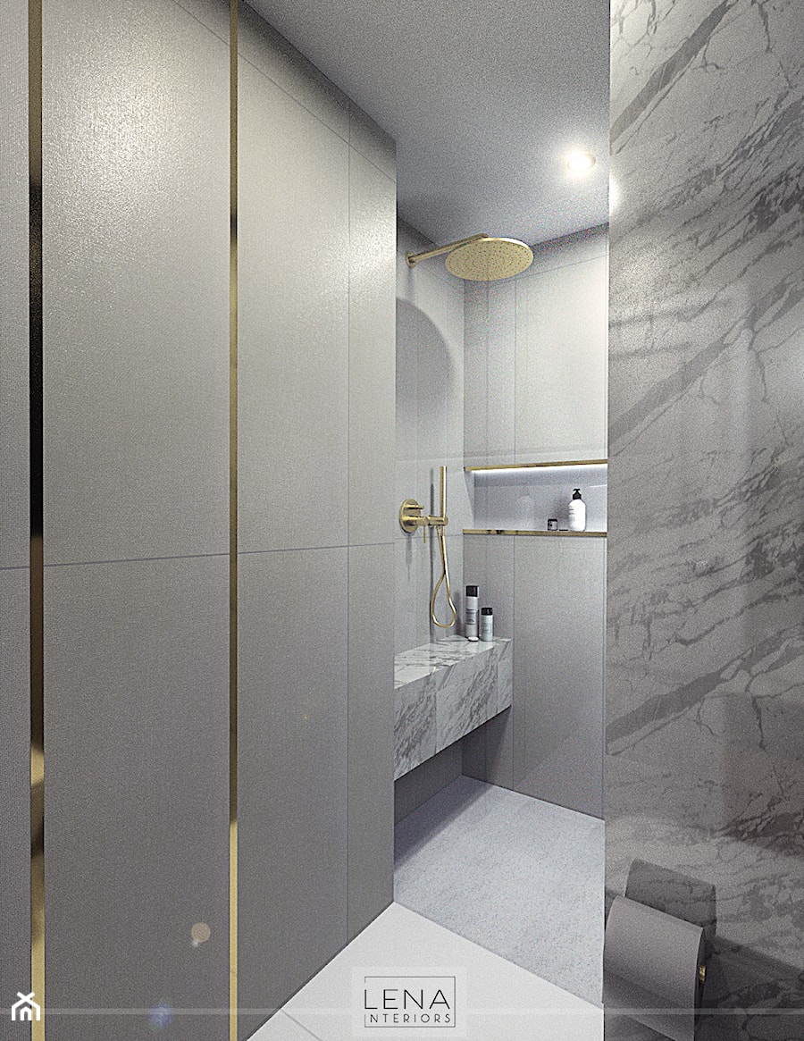ELEGANCKA ŁAZIENKA - Mała bez okna z marmurową podłogą z punktowym oświetleniem łazienka - zdjęcie od LENA INTERIORS
