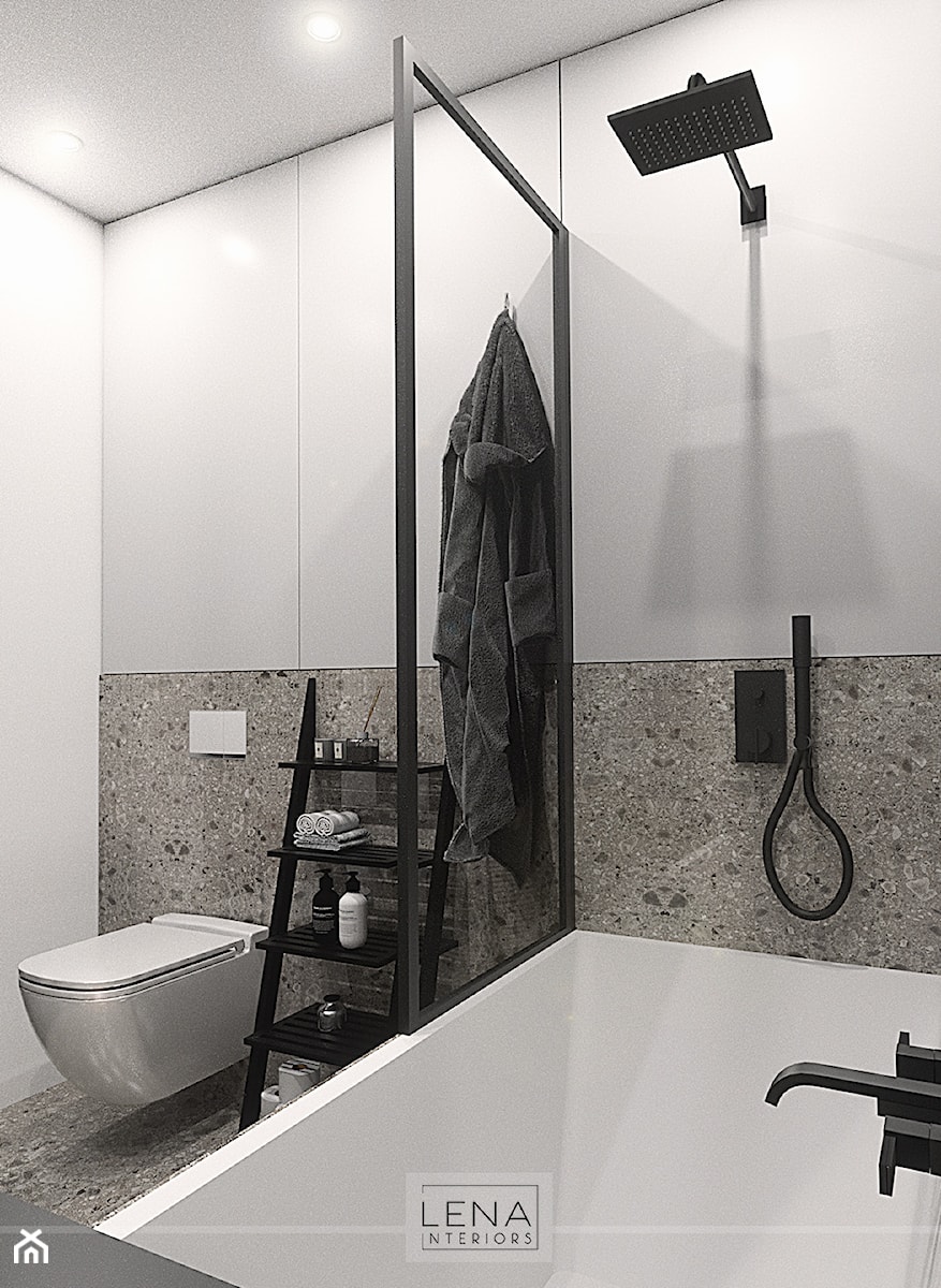 MIESZKANIE MŁODEGO PRZEDSIĘBIORCY - Średnia bez okna z marmurową podłogą z punktowym oświetleniem łazienka - zdjęcie od LENA INTERIORS