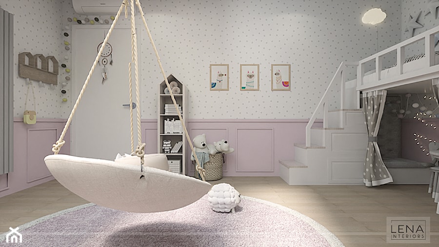 PODDASZE DLA MALUCHÓW - Duży biały różowy pokój dziecka dla dziecka dla dziewczynki - zdjęcie od LENA INTERIORS