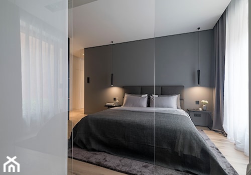 Apartament z czarną kuchnią. - Średnia czarna sypialnia, styl minimalistyczny - zdjęcie od Banach Architekci