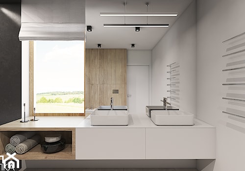 Dom jednorodzinny w Andrychowie. - Średnia z dwoma umywalkami z punktowym oświetleniem łazienka z oknem, styl nowoczesny - zdjęcie od TIKA DESIGN