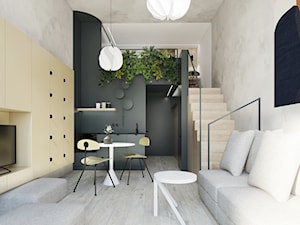 Apartament MiniMaxy. - Mały beżowy czarny szary salon z kuchnią z jadalnią z tarasem / balkonem - zdjęcie od TIKA DESIGN