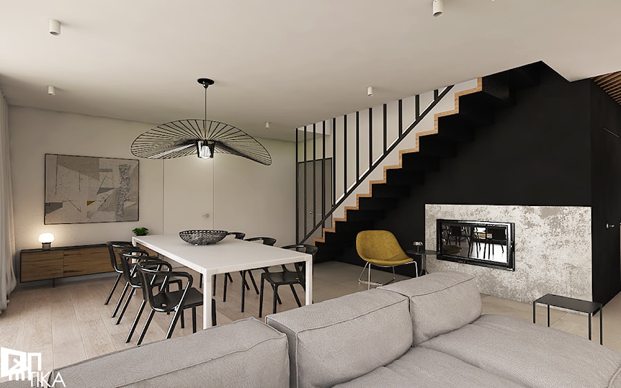 Projekt wnętrza domu jednorodzinnego w Chrzanowie, 180 m2 - Średnia biała czarna jadalnia w salonie, styl minimalistyczny - zdjęcie od TIKA DESIGN